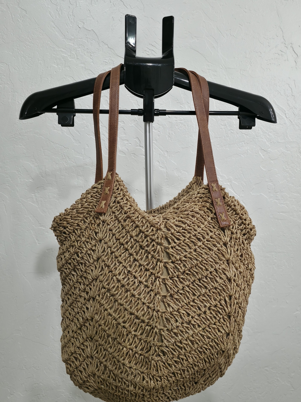Woven Straw Tote Bag with Brown Leather Straps